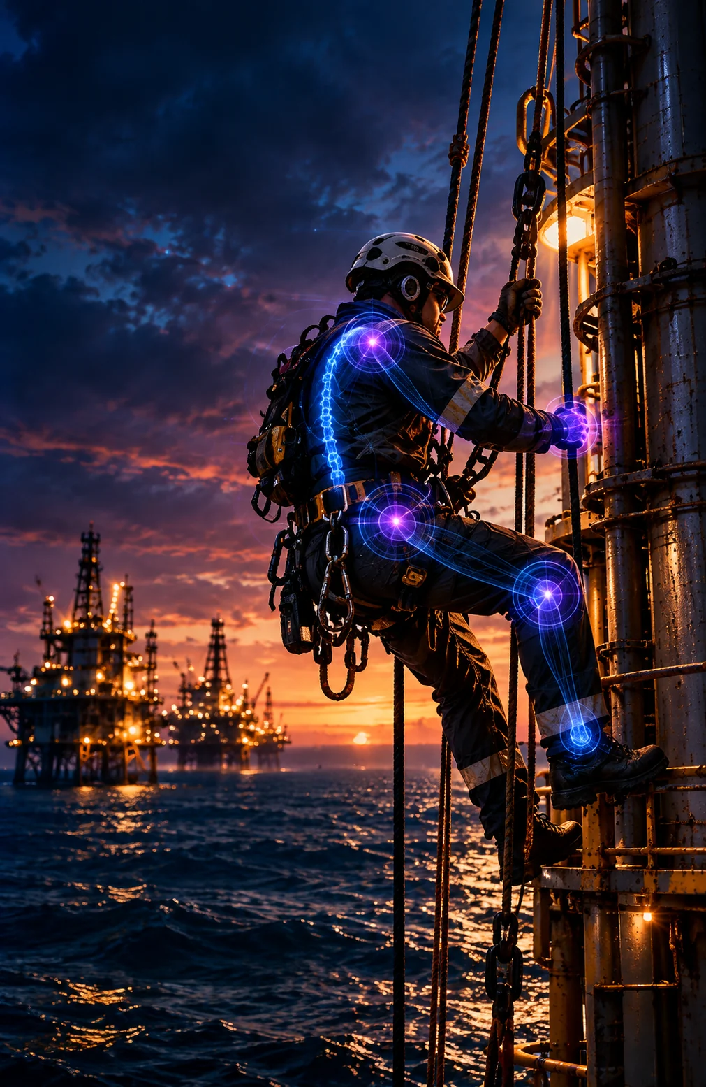 Profissional de acesso por corda em plataforma offshore, com as articulações destacadas