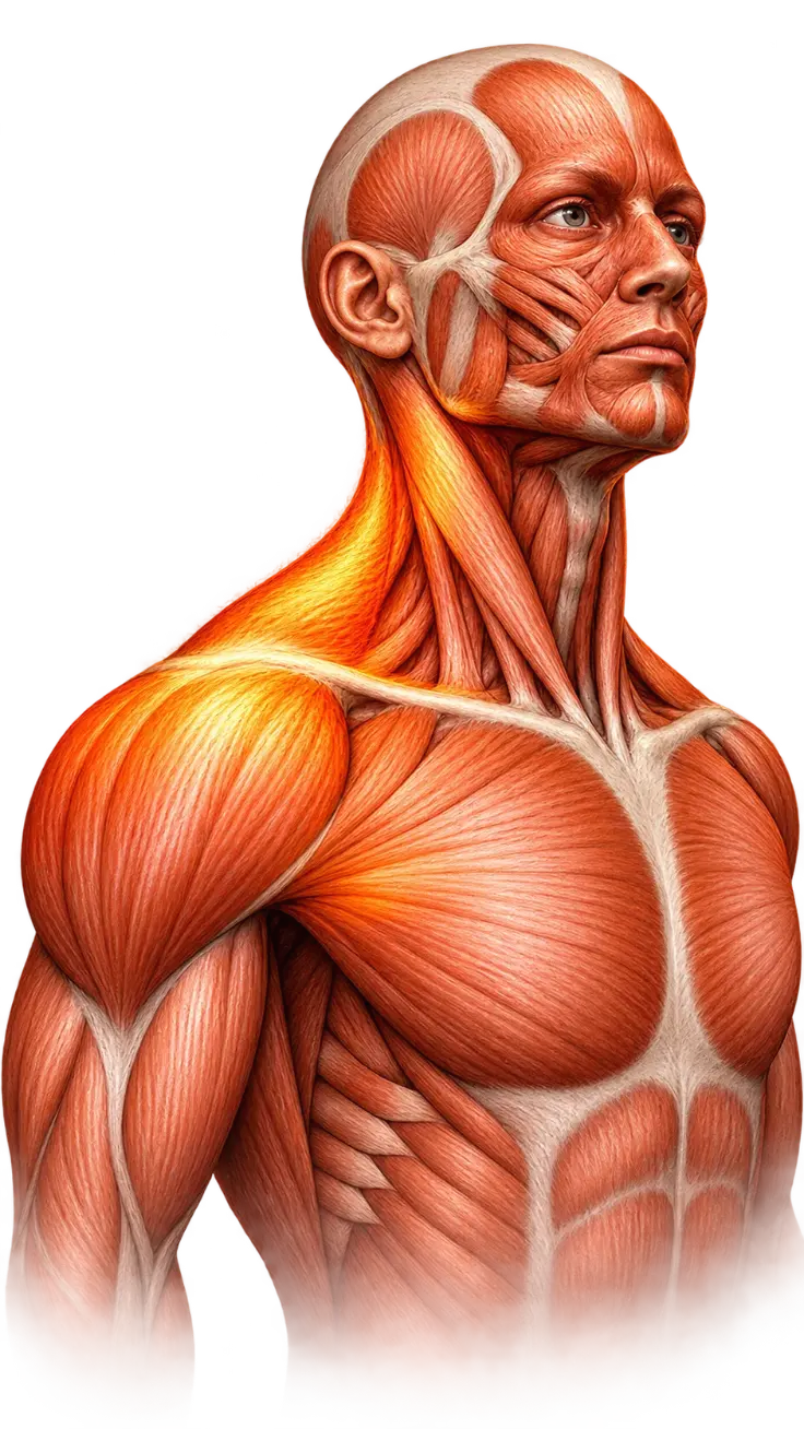 Musculatura do pescoço, trapézio e ombro em destaque